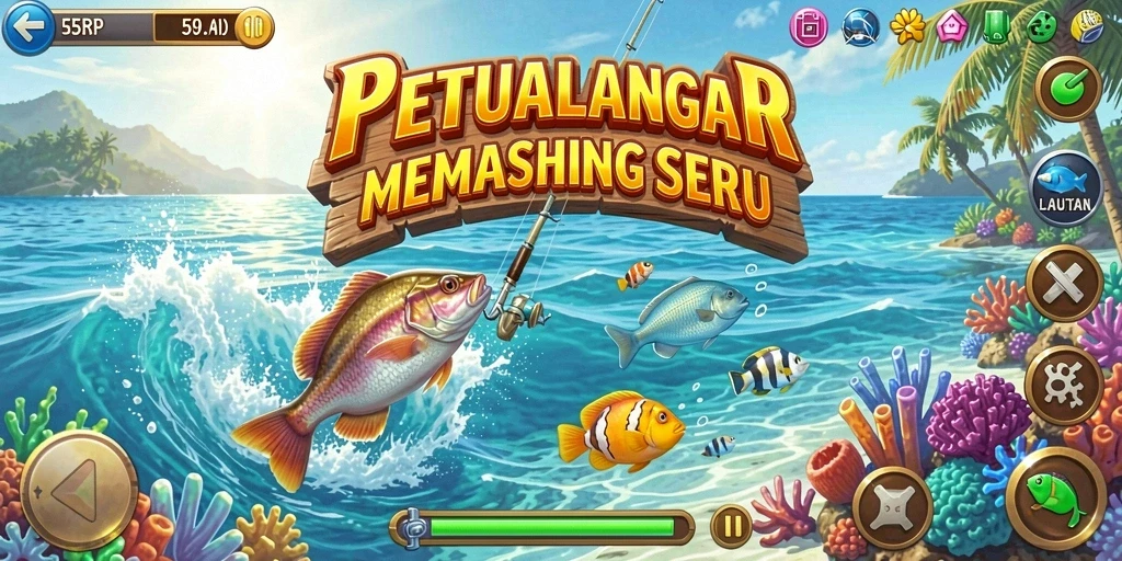 Gameplay 55RP yang menampilkan pemancing menangkap ikan di laut.