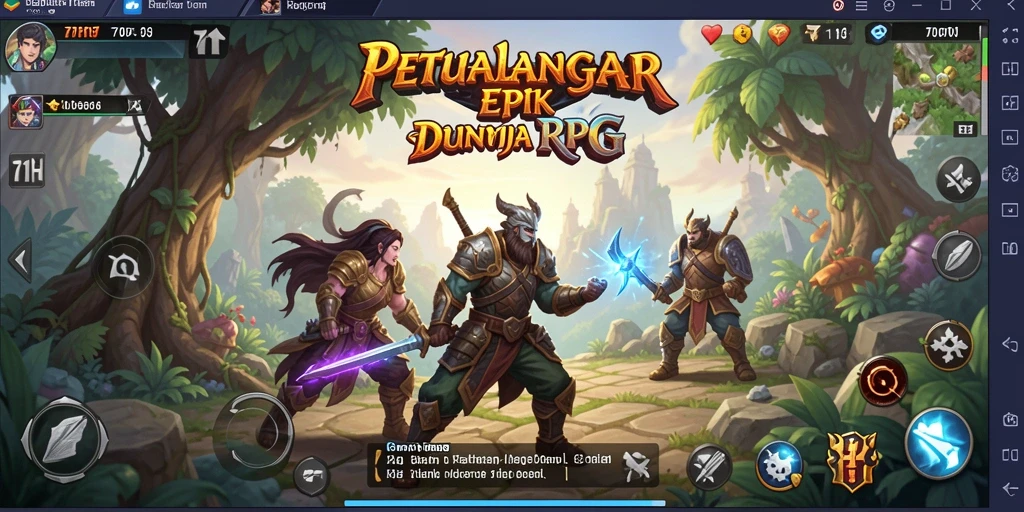 Screenshot gameplay 71H menunjukkan pertempuran epik di dunia RPG.