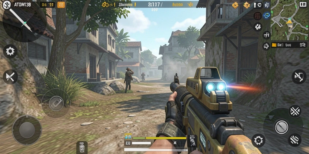 Screenshot gameplay ATOM138 yang menampilkan aksi tembak-menembak yang mendebarkan.