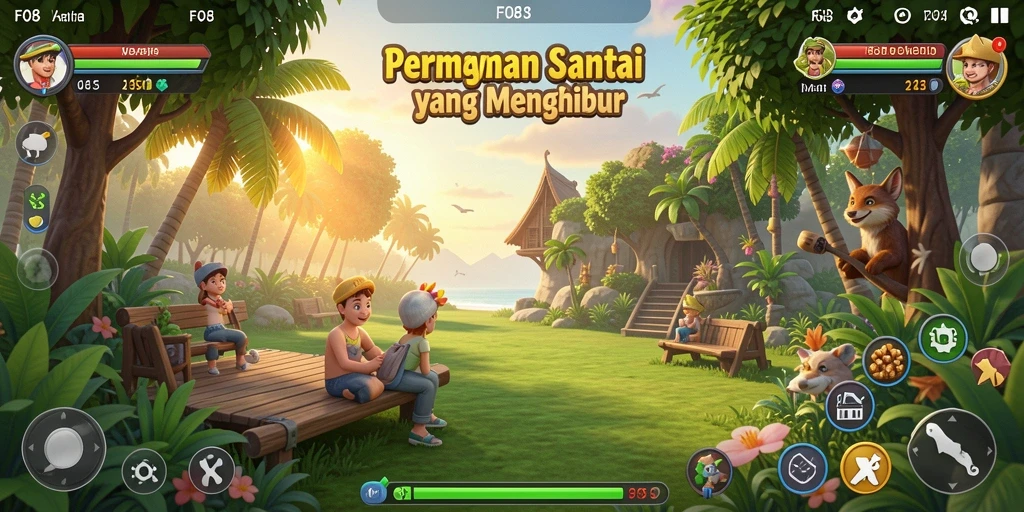 Screenshot F08 menampilkan gameplay santai dan penuh warna.
