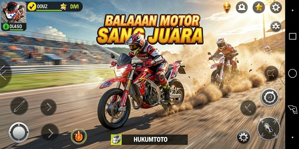 Tangkapan layar gameplay HUKUMTOTO menampilkan aksi balapan motor yang mendebarkan.