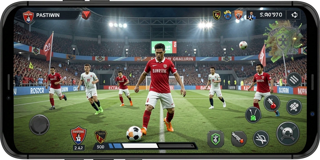 Tampilan gameplay PASTIWIN yang menegangkan dalam aksi sepak bola.