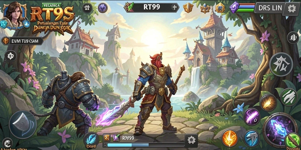 Tampilan gameplay RT99 yang menampilkan pertarungan epik dalam dunia RPG.