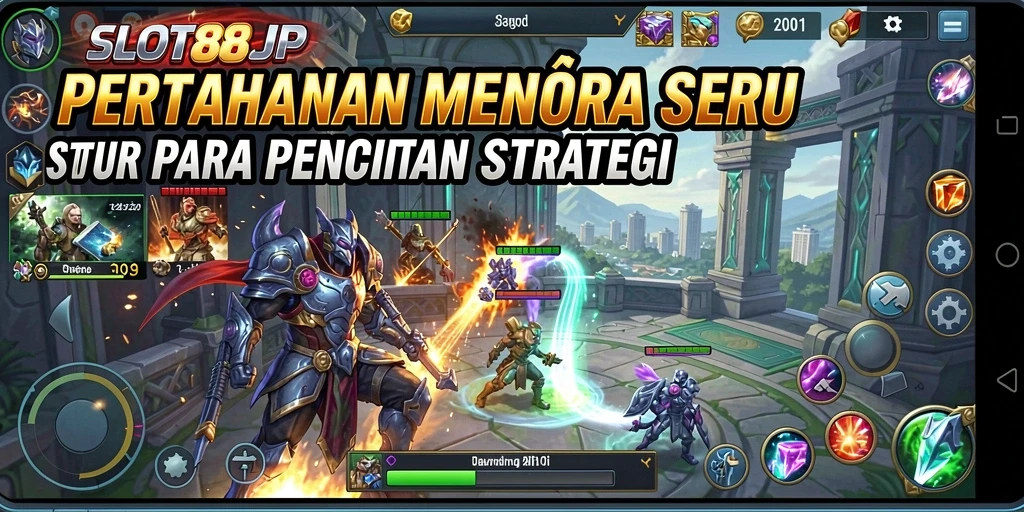 Screenshot gameplay SLOT88JP dengan menara bertahan melawan musuh.