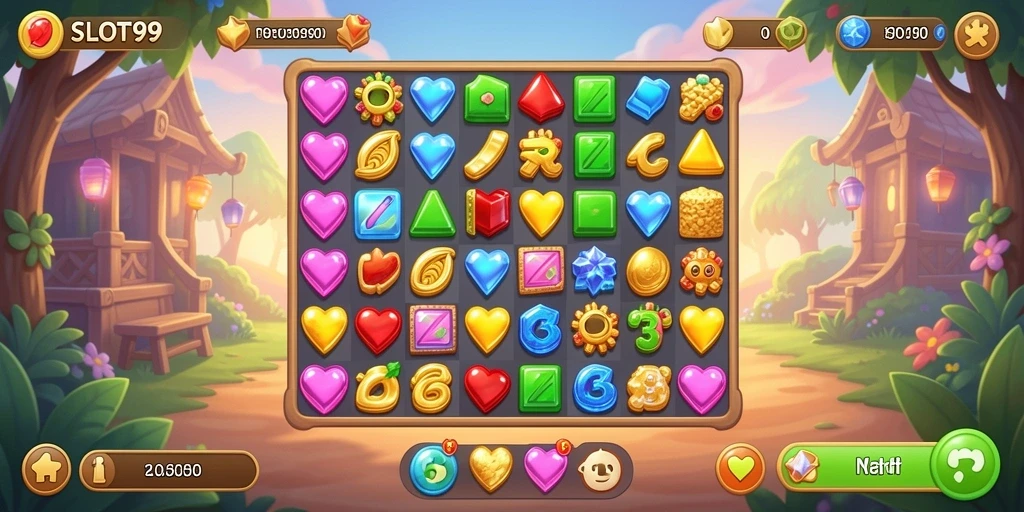 Tampilan menakjubkan dari gameplay Match-3 di SLOT99.