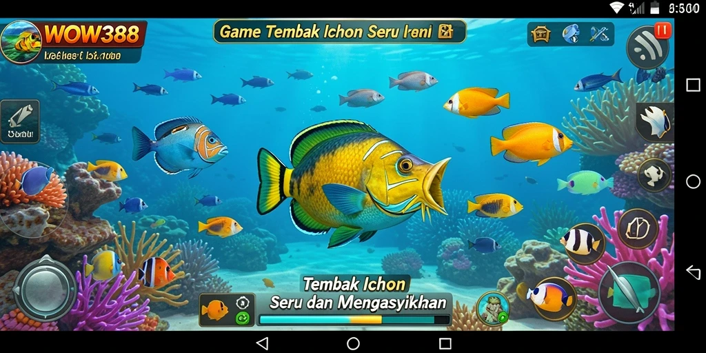 Screenshot gameplay WOW388 dengan ikan yang berwarna-warni.